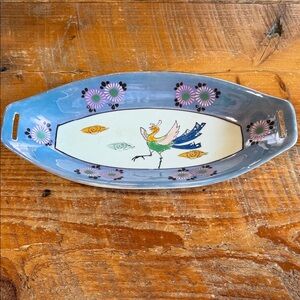 Blue Decorative Ceramic Serving Tray with Bird Motif
